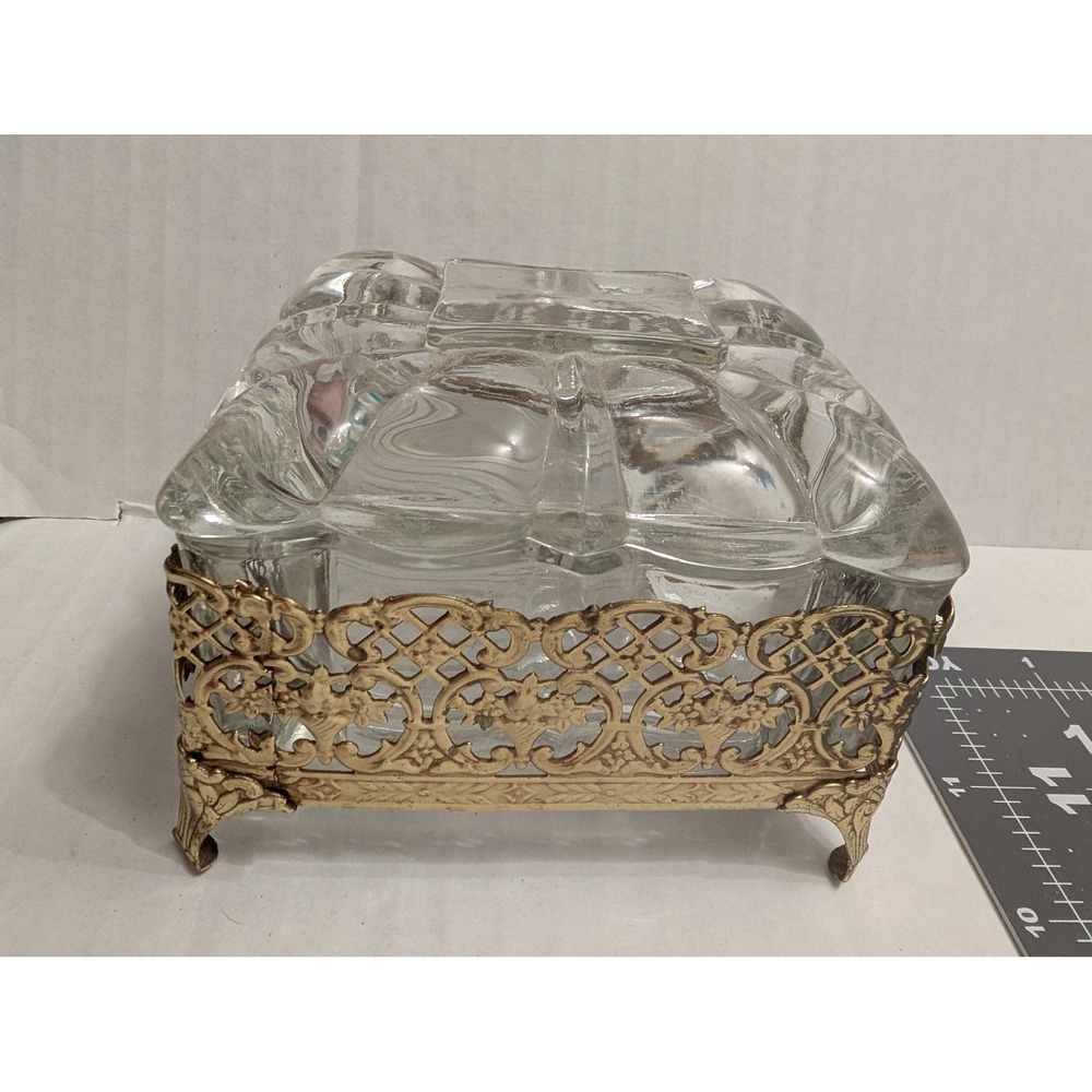 Hollywood Regancy Romance Style Crystal Glass Brass footed lidded dish unbranded